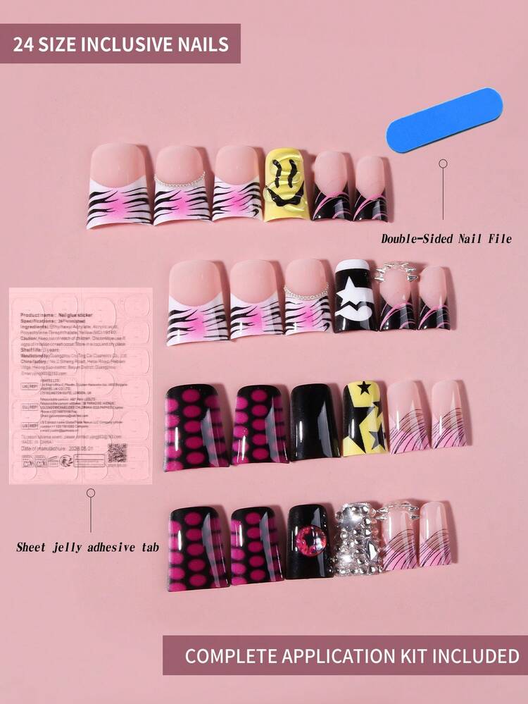 SANRIO 24pcs Medium Leopard Print French Manicure Nail Stickers, Decorated With Devil's Eye, Chain, Stars, Smiling Face And Rhinestones, Pink Girly Style, Perfectly Fit Fake Nails, Includes 1 Bottle Of Glue And 1 Nail File, Suitable For Daily Life And Parties - Multicolor - View 4