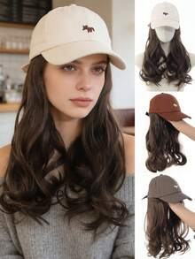 Long Wavy Synthetic Wig Baseball White/Brown/Grey Cap With Hair Extensions Hat Wigs Natural Black/Brown Connect Wig Adjustable For Women - Multicolor - View 3