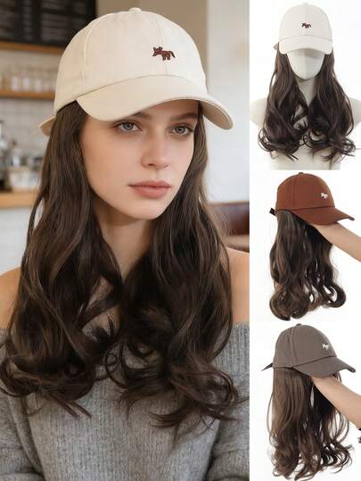 Wavy Synthetic Hair Baseball Cap, White/Brown/Gray With Hair Clips, Natural Black/Brown Adjustable Wig For Women
