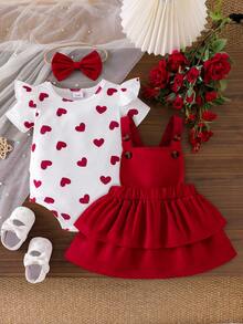 3pcs Baby Girl Princess Set: Heart Print Cap Sleeve Bodysuits, Layered Tulle Skirt, And Bow Headband - Red - View 1