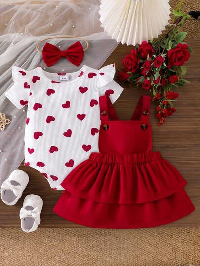 3pcs Baby Girl Princess Set: Heart Print Cap Sleeve Bodysuits, Layered Tulle Skirt, And Bow Headband