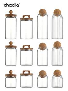 1 pièce Bocal en verre pour le stockage du café, bocal à thé, bocal en verre avec bouchon en liège hermétique pour le stockage des grains de café et des fruits secs - Boîte de haricots farcie boule en bois - Voir 2
