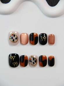 10pcs Handmade Black Short Acrylic Nails With Gold Cat Eye Asymmetrical Pattern, Reusable Elegant Nail Art Decorations, Suitable For Girls And Women For Daily, Party, Wedding, Holiday, Comes With Nail Gel And File Nail Supplies - Black - View 4