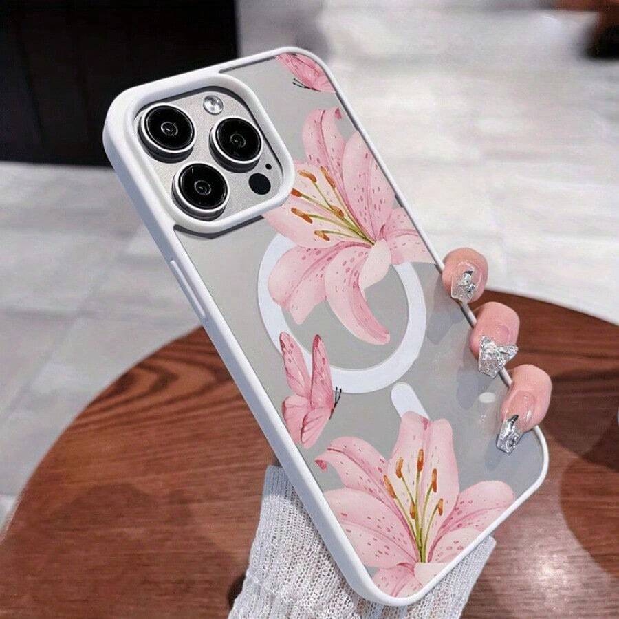 Pink Lilies Magnetic Phone Case Compatible With IPhone 17/17 Promax/17 Pro/Air/16/15/14/13/12 Pro/12/XS Plus Max, Galaxy Series, Including S25, S22FE, S23, S24, S22PLUS, S23 Ultra, S24 Ultra, Acrylic + TPU Phone Case Features A Fashionable Design, Compatible With Magsafe Cover - Màu xám đen - Xem 1