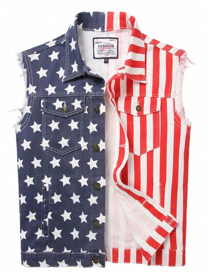Men's American Flag Denim Vest, Patriotic Button-Up Independence Day Men's Retro Sleeveless Denim Jacket, Men's Casual Jacket