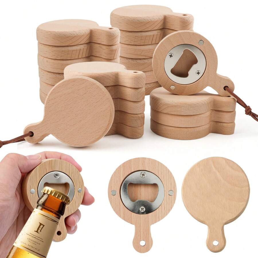 24 Pcs Bulk Bamboo Wooden Bottle Openers, Fridge Magnetic Beer Opener With Lanyard, 2.5" Magnet Refrigerator Sticker Coaster Gift For DIY Decoration, Beer Lover, Wedding, Bar, Party - 原木 - 查看 1