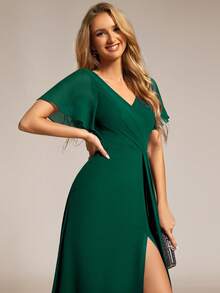 EVERPRETTY Navy Blue Bridesmaid Dress With Elegant Butterfly Sleeves, Ruched Waist And Side Slit, Formal Evening Gown For Wedding - Dark Green - View 5