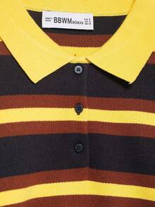 Women's Vintage Striped Polo Sweater Long Sleeve Color Block Knit Pullover Top Spring - Yellow - View 8