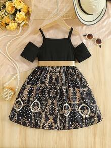 4-7 Years Old Girls' Off-Shoulder Strap Dress, Strap Shoulder Design Top Paired With Printed Skirt, Suitable For Summer Vacation, Festivals, Daily Wear - Black - View 2