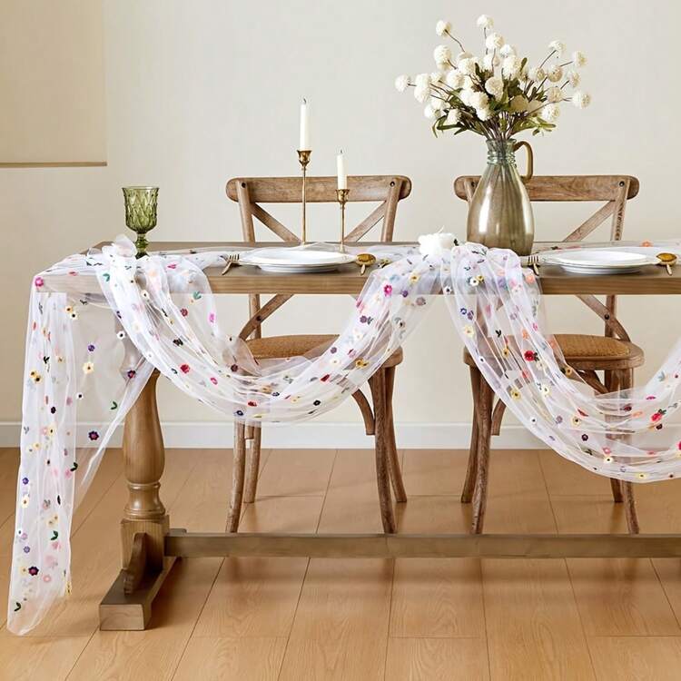 【刺绣桌布】春季雏菊刺绣桌布 | 花卉节日复活节薄纱桌布，适用于节日厨房餐厅装饰，118 英寸，适合家庭聚会室内/室外、母亲节和复活节家居装饰 - 彩色 - 查看 6