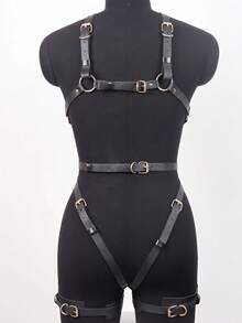性感皮革内衣 女士性感内衣 全身金属链条束缚套装 可调节弹力吊袜带 - 黑色 - 查看 4