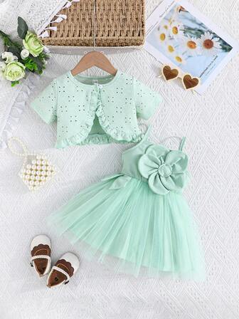 Conjunto de 2 piezas para bebé niña: Vestido de princesa de malla con tirantes bordados y chaqueta tipo cárdigan con volantes en el bajo de manga corta para actividades al aire libre