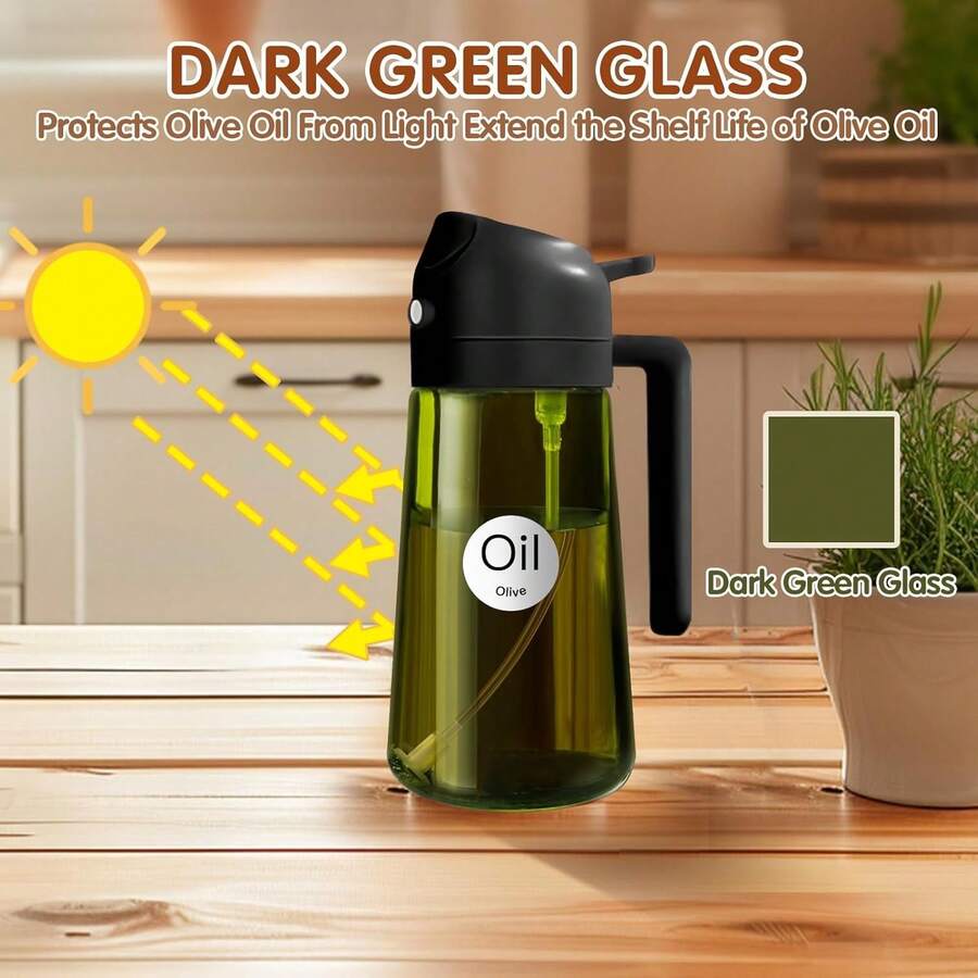 16oz/470ml Light-Blocking Dark Oil Sprayer For Cooking, 2 In 1 Olive Oil Dispenser Bottle For Kitchen, Premium Dark Green Glass Oil Bottle, Oil Mister For Air Fryer, BBQ (Black) - 黑色 - 查看 1