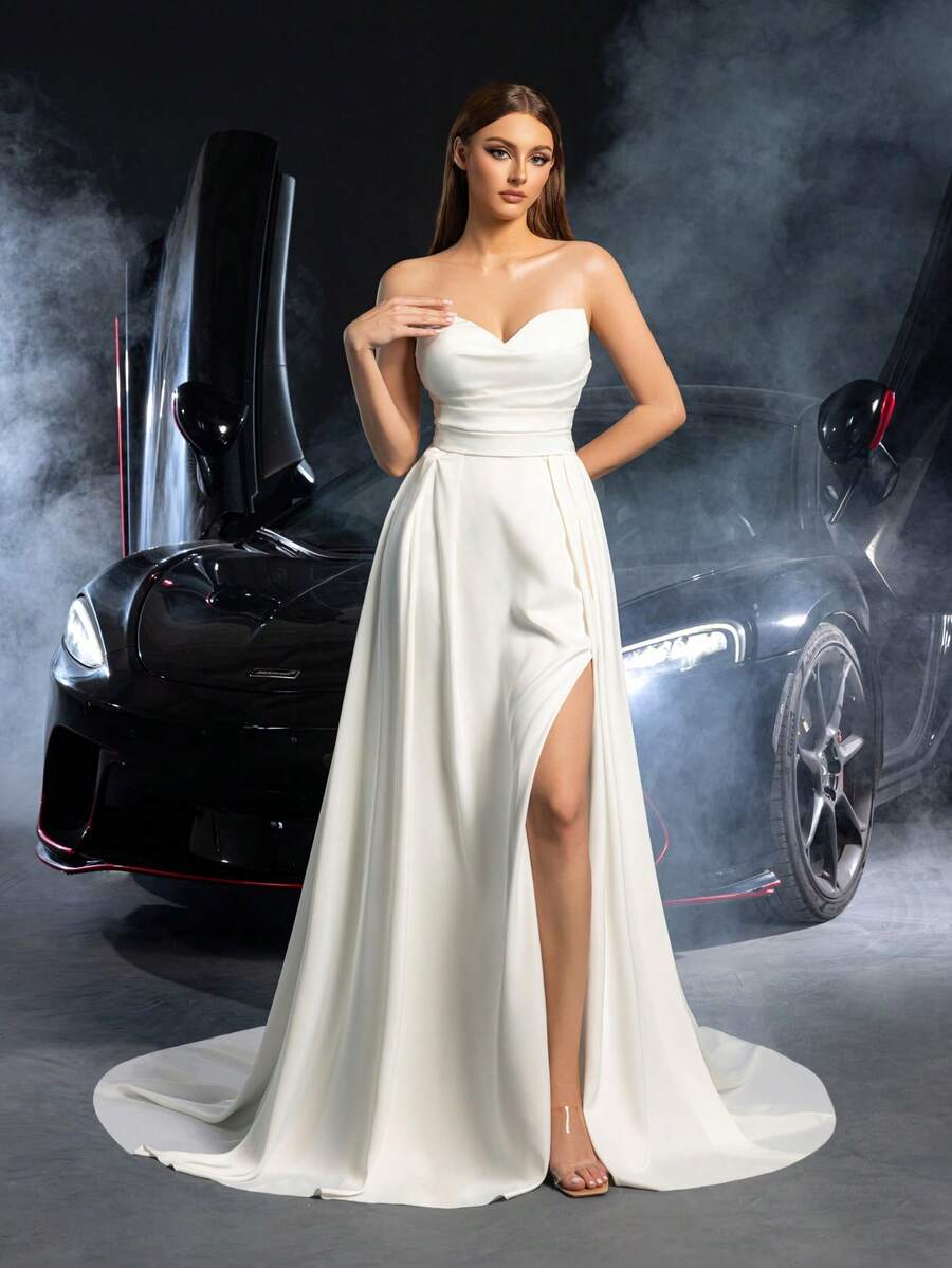 Faeriesty Elegant White One-Shoulder Evening Dress, Featuring Sequins Embroidered Backline, High Slit Design, A-Line Long Skirt, Suitable For Attending Galas, Red Carpet Events, Wedding Guests, Formal Dinners - White - View 1