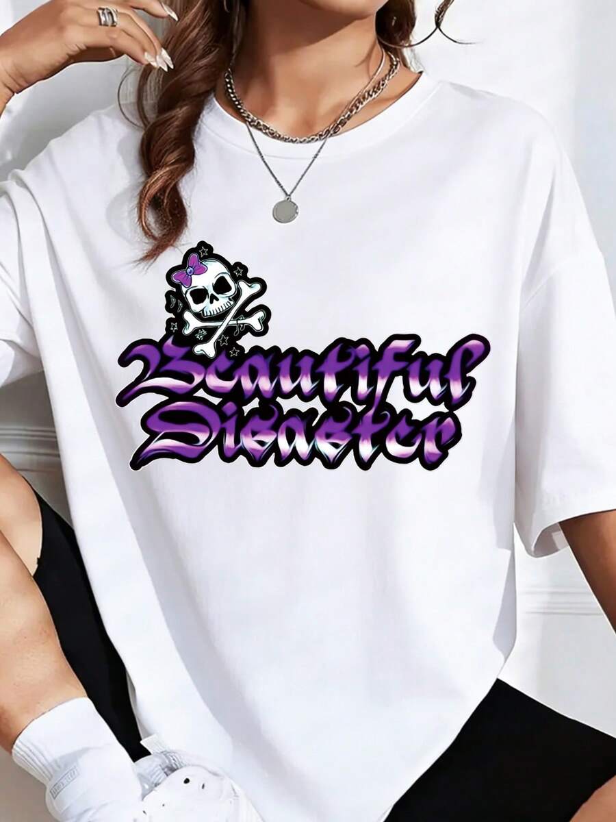 Beautiful Disaster Skull Graphic Oversized T-Shirt Women Fashion Statement Shirt Streetwear Top Casual Wear Party Outfit, It Is A Perfect T-Shirt To Give To Friends And Family On Any Holiday Or Festive Occasion, 220g - 白色 - 查看 1