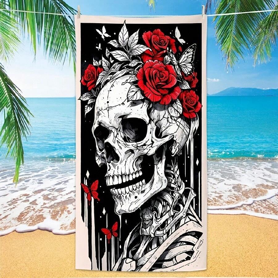 Skull Pattern Beach Towel Digital Printing Thin Quick Dry Anti Sand Microfiber Lightweight For Swim Yoga Travel Gym Gift(1)