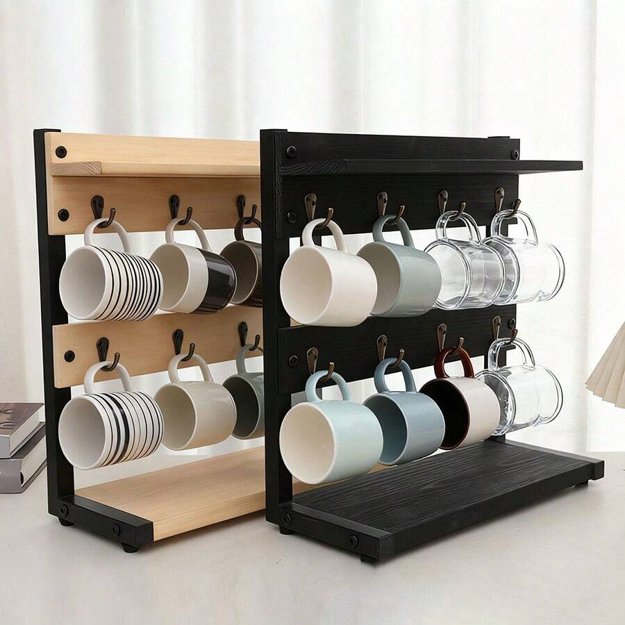 1 chiếc giá đựng tách trà/cà phê bằng gỗ, 3 tầng, dùng để đặt trên mặt bàn bếp. - màu nâu - Xem 1