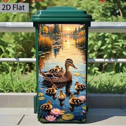 [2D Flat Printing]1pc Trash Can Sticker 37*82 Cm Ducks Playing With Lotus Flowers Theme Design Wall Sticker Decoration Wallpaper Self-Adhesive Kitchen Trash Can Decoration (Suitable For Trash Cans, Walls, Home Decoration)