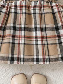 女婴时尚休闲可爱套装，圆领荷叶边简约上衣 + 格纹时尚背带裤 - 杏色 - 查看 8