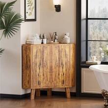 Farmhouse - clóset de almacenamiento de esquina con estante ajustable, mesa de esquina industrial de madera de 3 niveles con puertas, mesa auxiliar triangular para sala de estar, cocina - Marrón - Ver 7