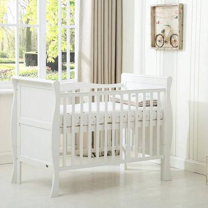  Mcc Direct Solid Wooden Cot Bed Savannah Sleigh Toddler Bed With Premier Water Repellent Mattress - White