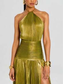 2026 Valentine's Day Dinner Dress - Women's Metallic Pleated Backless Sleeveless Tie Neck Split Gown - 橄欖綠 - 查看 3