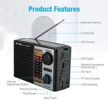 Wireless Speaker LED Flashlight FM AM SW Radio Solar Charging Emergency Radio Full Band High Sensitivity - Black - View 9