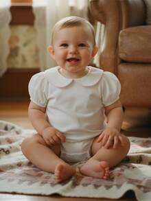 Baby Boy Girl Bubble Romper Infant Short Sleeve Collar Romper Oversize T-Shirt Cotton Bodysuit Top - 白色 - 查看 4