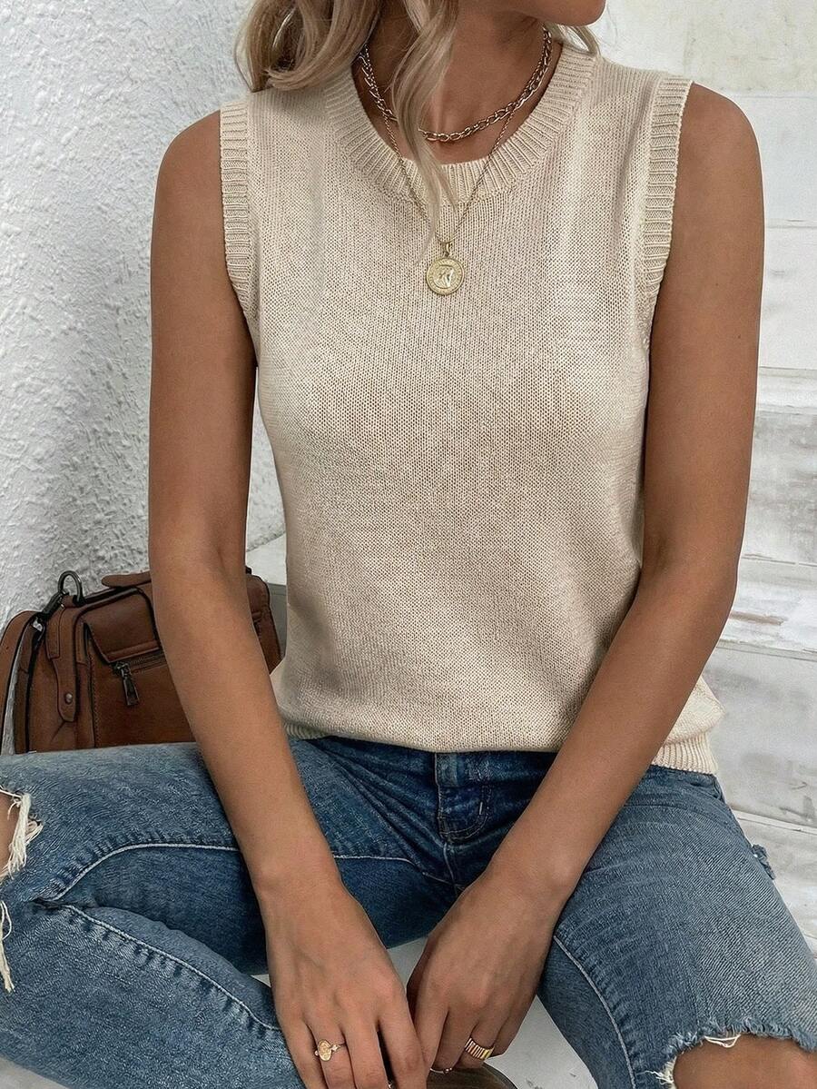 Chic Women's Regular Length Round Neck Tank Top Featuring Rib-Knit Detail And Medium Stretch - Apricot - View 1