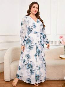 DEARCASE Plus Size Elegant Printed Lantern Sleeve A-Line Dress Vacation - Multicolor - View 4