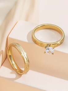 女士哑光金色纹理不锈钢戒指套装（2件套） - 金黃色 - 查看 9