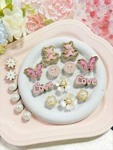 18pcs Gold Glitter Bear Shoe Clips, Detachable Flower & Bow Shoe Decorations, Fashion & Elegant, Suitable For Sandals, Slippers, Great As Holiday Gifts - Gold Pink - View 1
