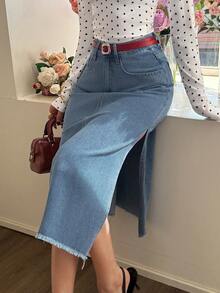 EARO Chic Women's Denim Maxi Dress, Fitted With Slit And Frayed Hem, Elegant Casual Versatile For Summer - Baby Blue - View 4