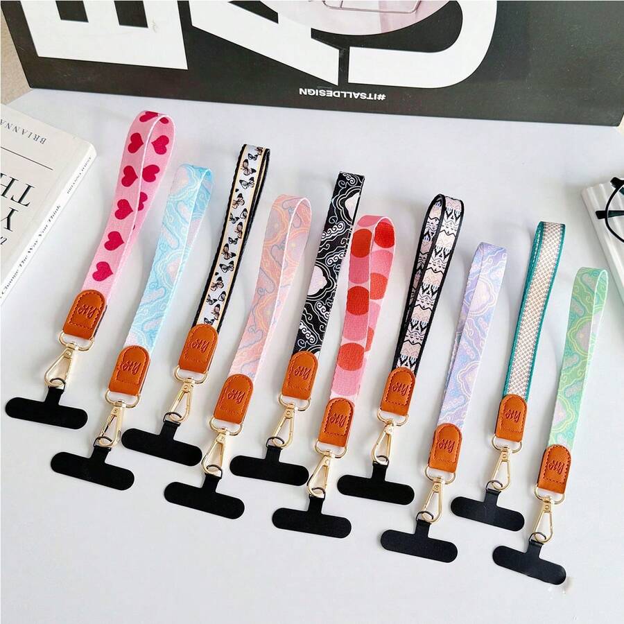 1条皮革金属挂绳，复古印花织带，宽版手机挂绳，防丢 - 彩色 - 查看 1