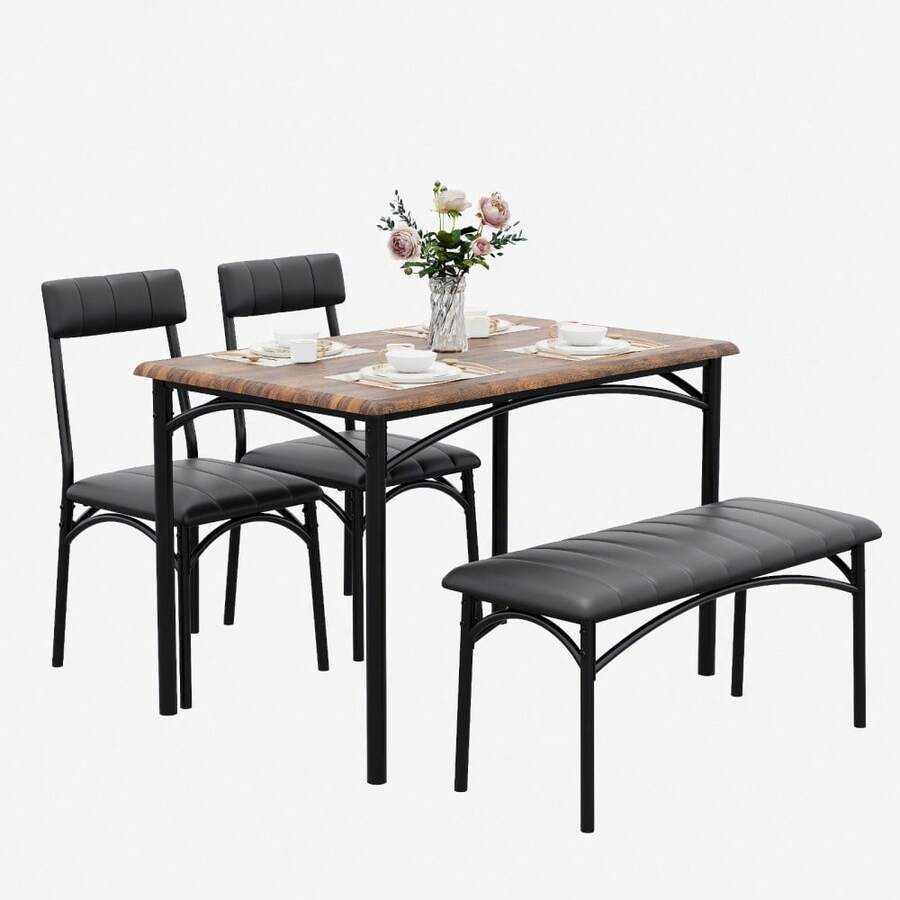Set de Comedor para 4 Personas - Mesa Rectangular Moderna con Banco y 2 Sillas Acolchadas | Ahorro de Espacio para Cocina, Apartamentos Pequeños | Color Marrón Rústico - Retro colo - Ver 1