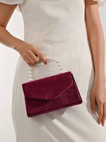 Women's Glitter Pearl Handbag Velvet Clutch Bag Mini Square Purse, Perfect For Party, Wedding, Prom, Banquet, Mother's Day Gift, Valentine's Day Gift - Burgundy - View 11