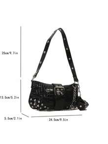 Niche Design Chain 2026 New Fashion Women's Handbag, Gothic Style Rivet Underarm Bag, Tote Shoulder Bag, Solid Color Rivet Chain Shoulder Bag - Black - View 6