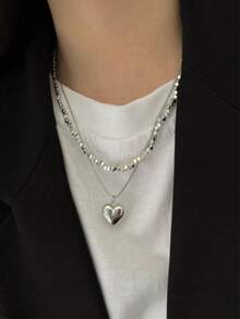 1件简约银色方形双层心形项链，送给女朋友的礼物，情人节礼物 - 銀色 - 查看 1