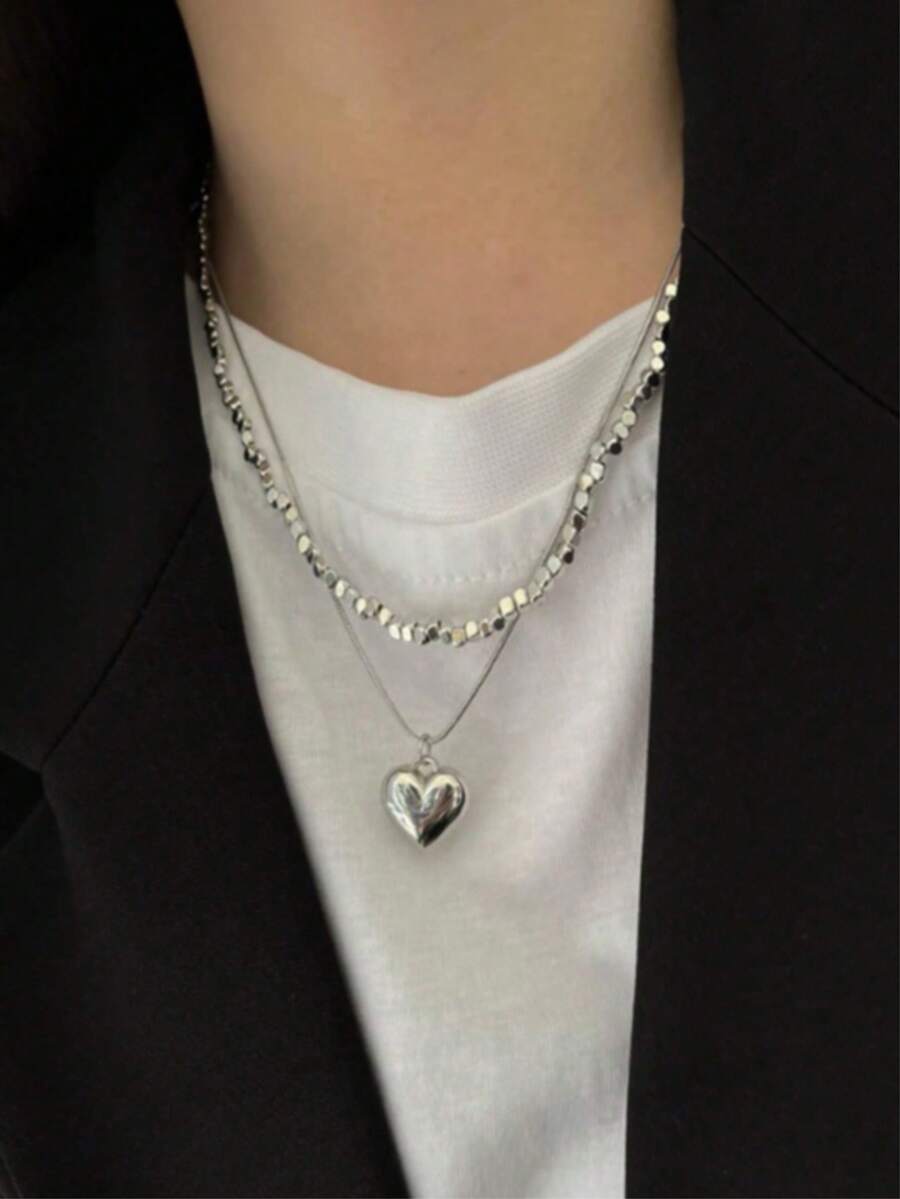 1件简约银色方形双层心形项链，送给女朋友的礼物，情人节礼物 - 銀色 - 查看 1