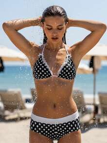 Conjunto de bikini de 2 piezas para mujer, traje de baño de moda con cuello halter y pantalones cortos, traje de baño de verano de dos piezas - Negro - Ver 3