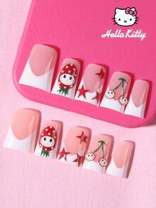 Sanrio 三丽鸥Hello Kitty 24片装中号鸭子3D凝胶白色法式美甲贴片，饰有3D Hello Kitty、星星、樱桃和草莓图案，粉嫩少女风，完美贴合亚克力假指甲套装，包含：1片果冻胶和1个指甲锉，Hello Kitty情人节美甲，适合女性和女孩日常及派对使用。 - 彩色 - 查看 2