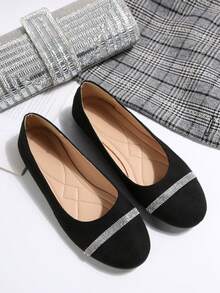 1 Pair Black Suede Rhinestone Embellished Flat Slip-On Shoes, Versatile & Simple Design For Teenagers, Spring/Summer - Black - View 3