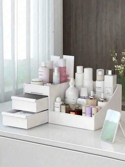 塑料化妆品及护肤品收纳盒，桌面化妆品整理架，带抽屉的梳妆台收纳柜，化妆品收纳盒