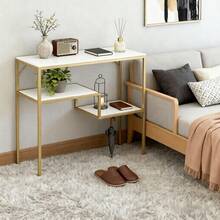 Consola de Entrada Moderna con Estructura de Metal Dorado y Superficie de Madera de Imitación, Diseño Elegante para Sala o Oficina Estanterías Creative Estante Organizador Mesa Auxiliar 80cm - Blanco - Ver 5