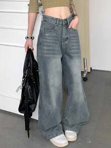 Quần jeans ống rộng dáng suông có túi dành cho nữ, thích hợp mặc mùa xuân. - Rửa nhẹ - Xem 2