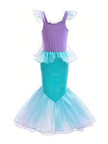 小女孩亮片短袖撞色网纱公主裙，角色扮演派对舞会礼服，甜美可爱装扮 - 藍色 - 查看 7