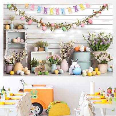 White Wooden Wall Spring Party Easter Photography Backdrop, Indoor Outdoor Wall Decor, Rabbit Easter Eggs, Photography Background, Tapestry, Perfect Easter Decoration