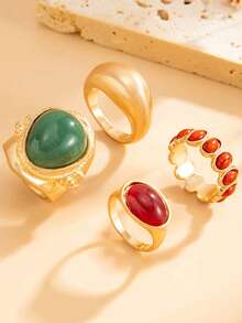 4 Stück/Set Vintage Luxus Französischer Stil Faux Edelstein Mehrschichtiges Münzen Design Ringe Schmuck für Frauen - Verschiedenfarbig - Übersicht 4