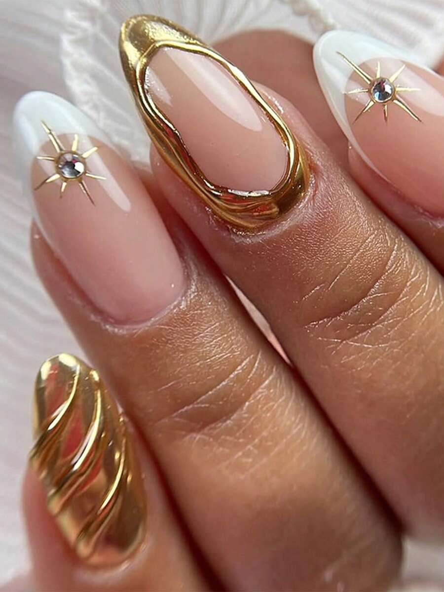 24 piezas de uñas postizas de almendra larga, con un diseño elegante y sencillo de diamantes con forma de estrella brillante retro, con un diseño reutilizable, adecuado para el uso diario y los viajes de las mujeres. Suministros para uñas - Multicolor - Ver 1