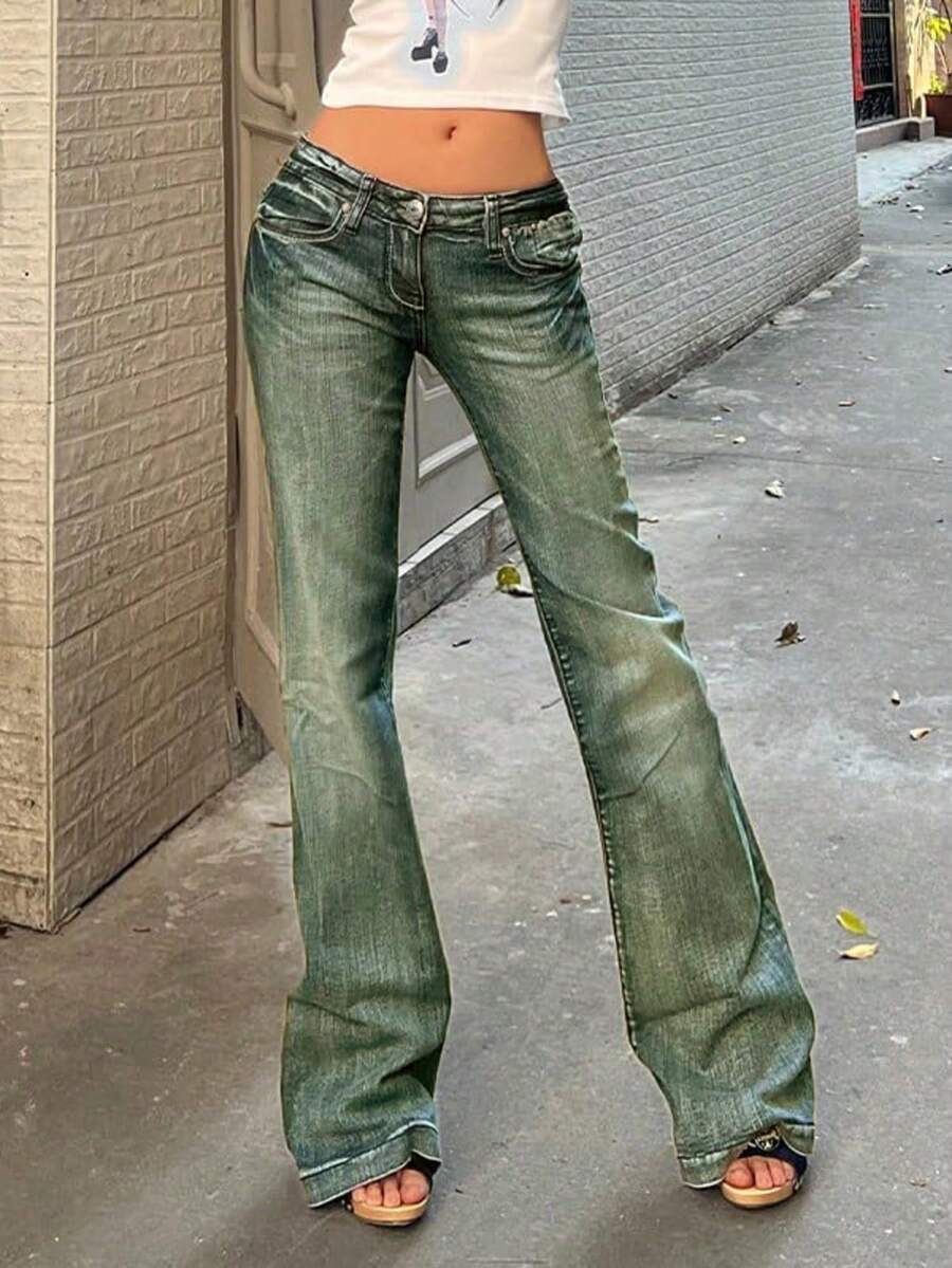 Valentine's Day Women's Flare Jeans Y2K 90s Bootcut Mid Rise Vintage Pants Denim Pants Bell Bottoms Spring Clothes - 藍綠色 - 查看 1
